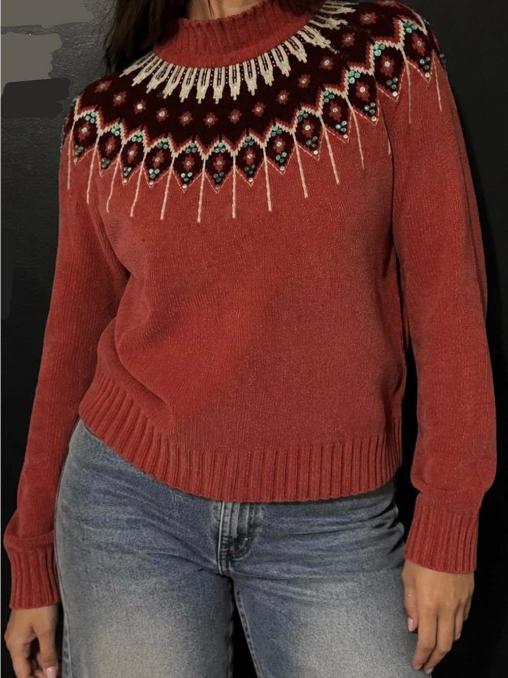 Jennifer Moore Rust Red Fair Isle Yoke Crewneck Sweater
